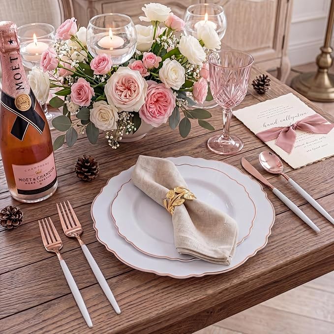 WDF 100pcs Rose Gold Plastic Plates-Baroque White &Rose Gold Disposable Plates including 50Plastic Dinner Plates 10.25inch,50Salad Plates 7.5inch for Wedding/Parties/Mother's Day