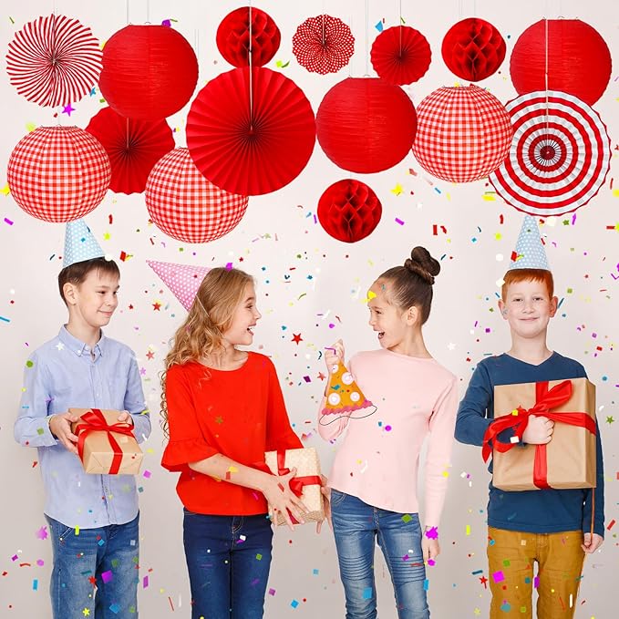 20 PCS Red Party Decorations Kit,Red and White Hanging Paper Lanterns,Round Paper Fans Honeycomb Balls for Birthday Wedding Graduation Picnic BBQ Baby Shower Pizza Party Lunar New Year Home Decor