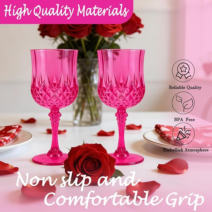 Plastic Wine Glasses, Plastic Goblets Vintage Style Cordial Unbreakable Drinking Glasses, Reusable Drinkware for Wedding Reception, Grand Event Party Supplies (24, Hot Pink)