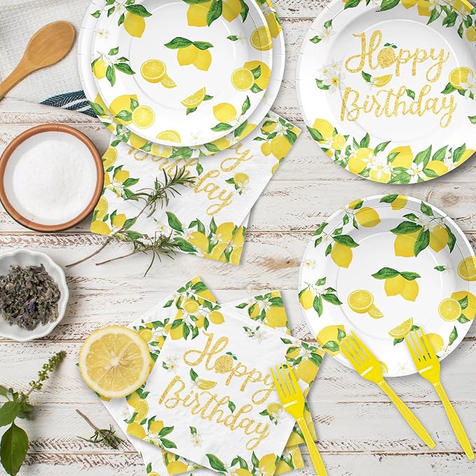 96Pcs Lemon Birthday Decorations Freshly Graduated Party Plates and Napkins Tableware Sets Lemonade Graduation Party Decorations for Summer Lemon Birthday Baby Shower Fruit Theme Supplies Serves 24