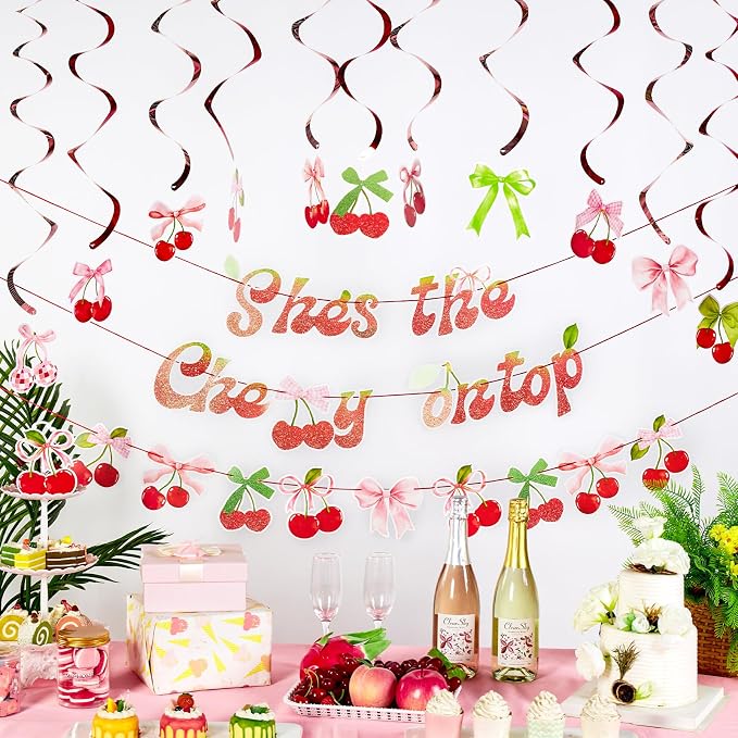 SUNBEAUTY Cherry Party Decorations Cherry On Top Baby Shower Decorations Cherry and Bow Hanging Banner for Birthday Bachelorette Bridal Shower Wedding Party Supplies