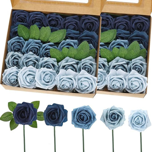 50 Pcs Artificial Foam Rose Flower Faux Bouquet Wedding Fake Rose Gift for Mother's Day Women DIY Bridal Shower Party Table Birthday Home Spring Decor (Shades of Blue)