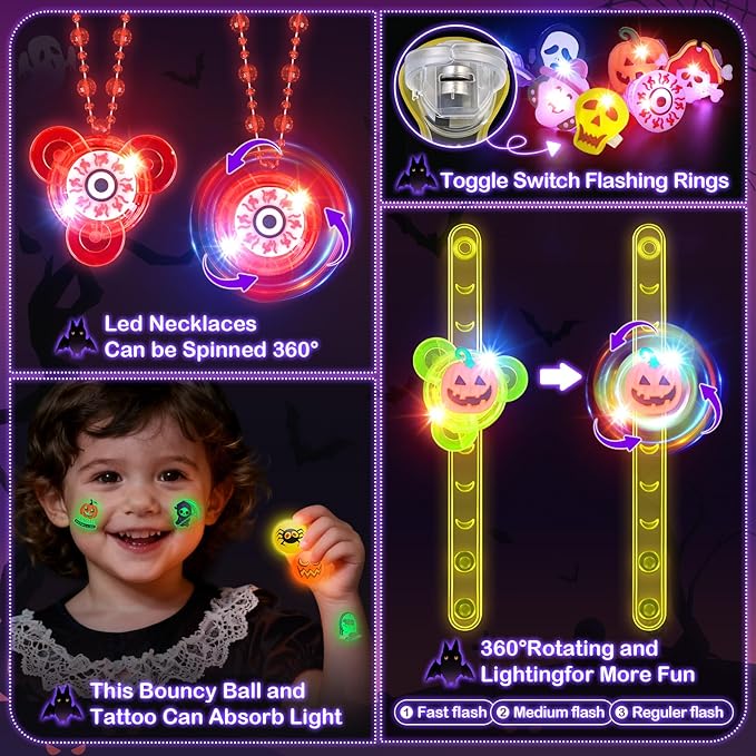 Halloween Party Favors for Kids,72 PCS Halloween Glow in the Dark Toys Bulk with Spin Necklace,Light Up Rings,Spin Bracelets,Halloween Goodie Bag Fillers Basket Stuffers Gift for Kids Trick or Treats