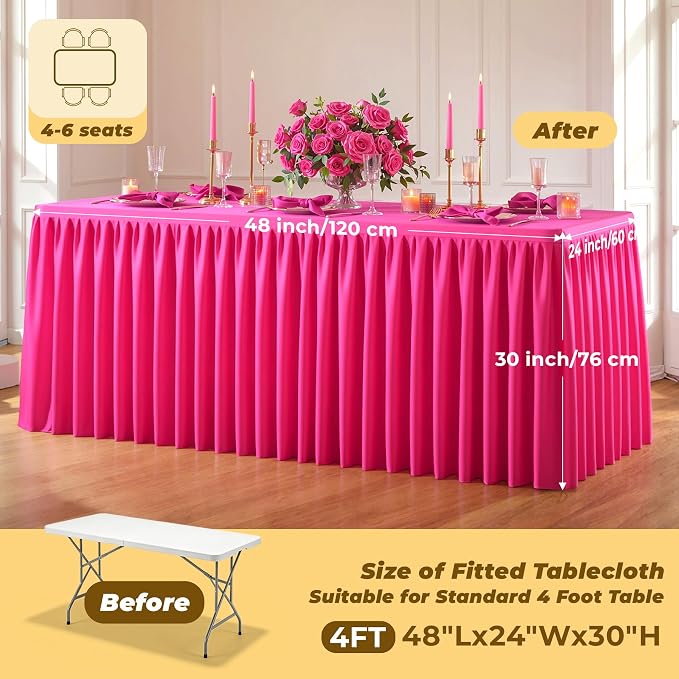 Red Polyester Table Cloths for Rectangle 4 Foot Tables, 1 Pack Wrinkle Free Tablecloths Stretchy Banquet Ruffle Fitted Table Cover Desk Skirt for Parties Wedding Birthday Baby Shower
