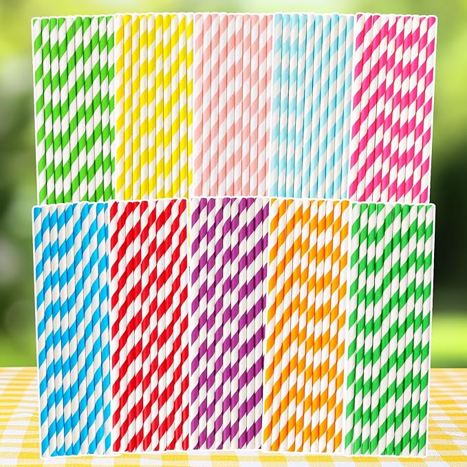 200 Pack Paper Straws Disposable Colorful Striped Straw for Drinking in 10 Colors Biodegradable Paper Straws for Birthday, Wedding, Bridal Shower, Baby Shower, Summer Pool Party Supplies
