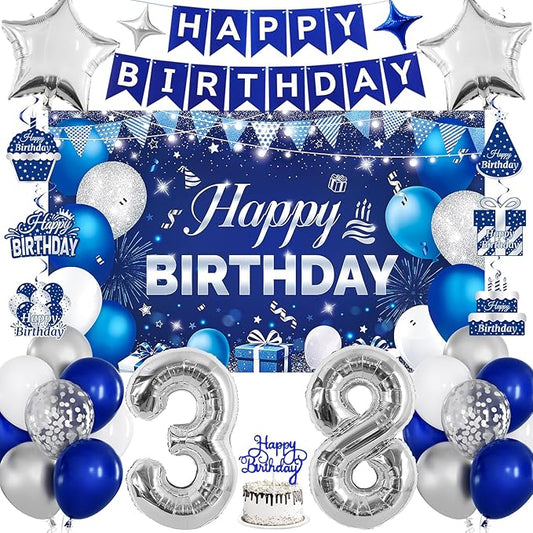 38th Birthday Decorations for Men & Women, Navy Blue and Silver Happy 38th Birthday Party Decorations with Number Balloons, Hanging Swirls, Cake Topper for 38 Years Old Party Supplies