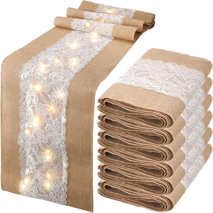 Xinnun 6 Pack Burlap Table Runner with Warm LED Lights,Rustic Lace Wedding Table Decor,Boho Farmhouse Jute Runner for Reception Bridal Shower Party(Modern,12x70 Inches)