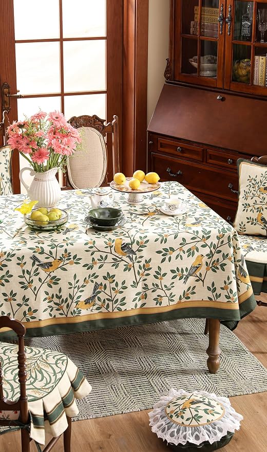 patdrea Designer French Linen Tablecloth,Rectangular,87"x55"-Warbler A | Vintage Table Cloth for Rectangle Table,Yellow and Green Floral Pattern,Dining Room Tea Party Thanksgiving Decor
