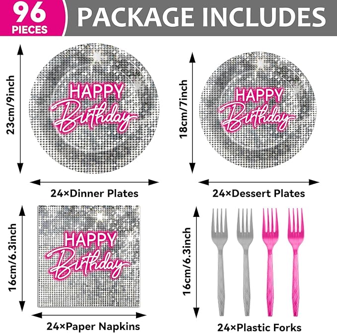 96PCS Silver Sequins Pink Neon Birthday Paper Plates and Napkins, Disco Silver Glitter Party Decorations for Shimmer Hot Pink Party Dinner Dessert Plates, 80s Neon Light Tableware Decor, Serves 24