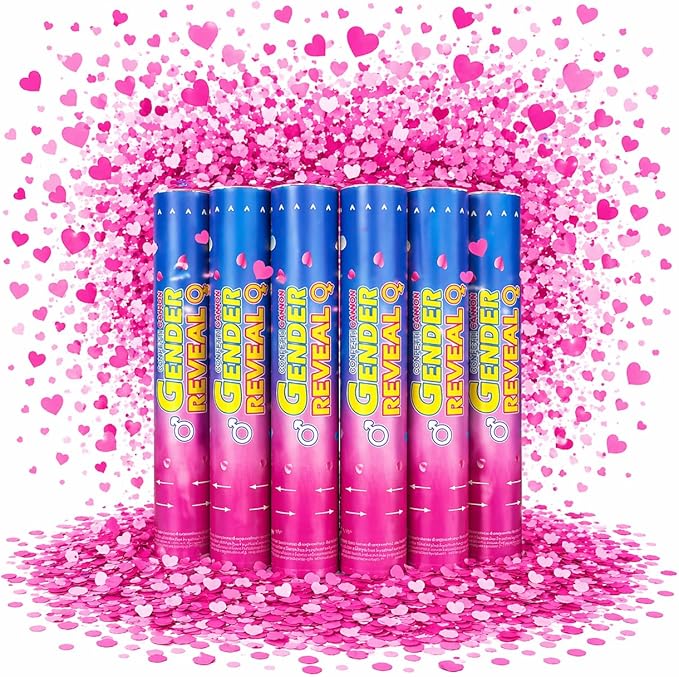 Gender Reveal Confetti Cannons – 6 Pack Pink Party Poppers – Baby Girl Gender Reveal Cannon Kit with Heart-Shaped Confetti – Easy Twist Shooters for Baby Reveal Party Decorations (Pink)