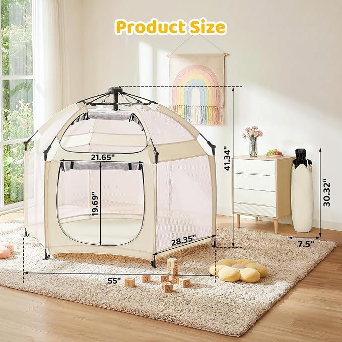 Dripex Pop Up Playpen w/t Built-in Pad & One-Click Safe Lock, Foldable Indoor/Outdoor Baby Playpen w/t Removable Canopy &Roll-Up Door & Top Mesh Window, Travel Pop and Go Beach Play Pen for Baby Beige
