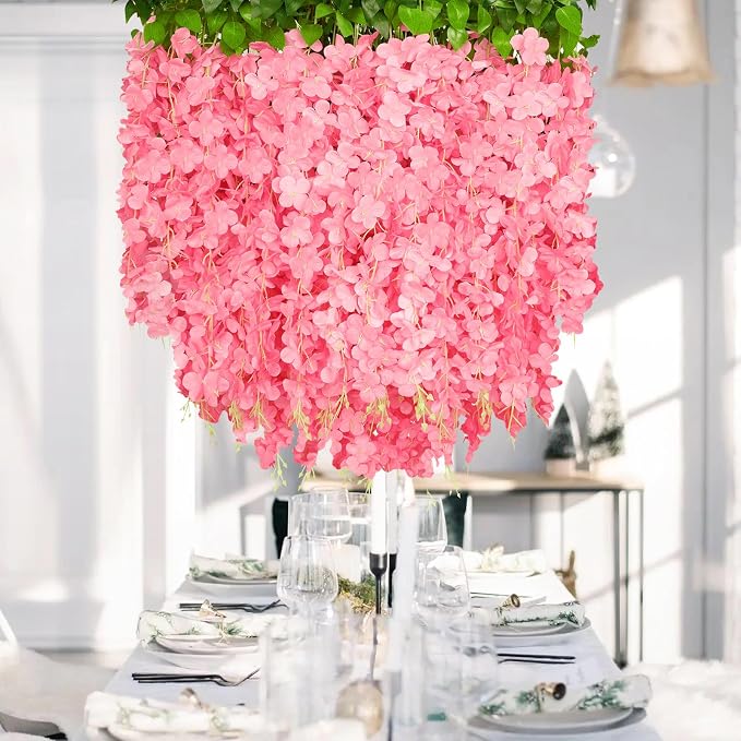 48Pcs Artificial Wisteria Hanging Flowers, 3.6Ft/Pcs Deep Pink Fake Wisteria Garland for Wedding Party Home Garden Indoor Outdoor Decoration