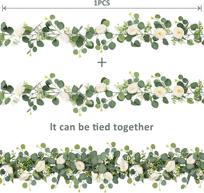 TOCHGREEN 4 Pack Artificial Eucalyptus Flower Garland with White Roses, Fake Rose Flower Greenery Garland Floral Vines for Wedding Home Party Table Runner Decor (4PCS, White)