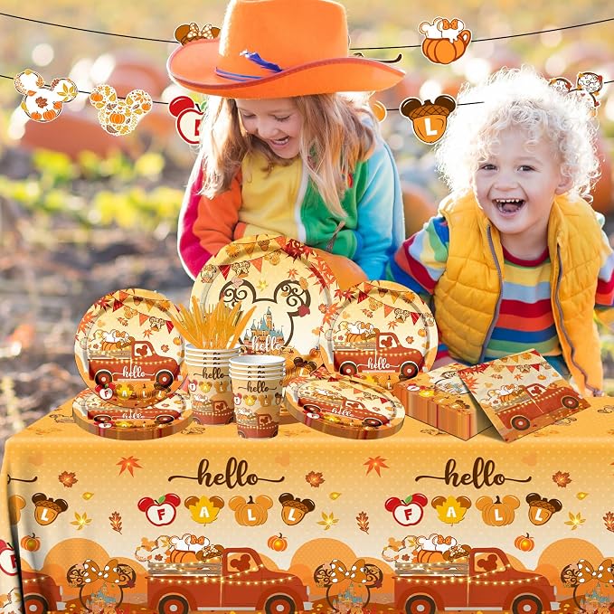 Hello Tableware Decoration,142pcs Fall Theme Mouse Pumpkin Dinnerware Include Mouse Plats Napkins Cups Plastic Fall Tablecloth for Thanksgiving Party Supplies(Serve 20)