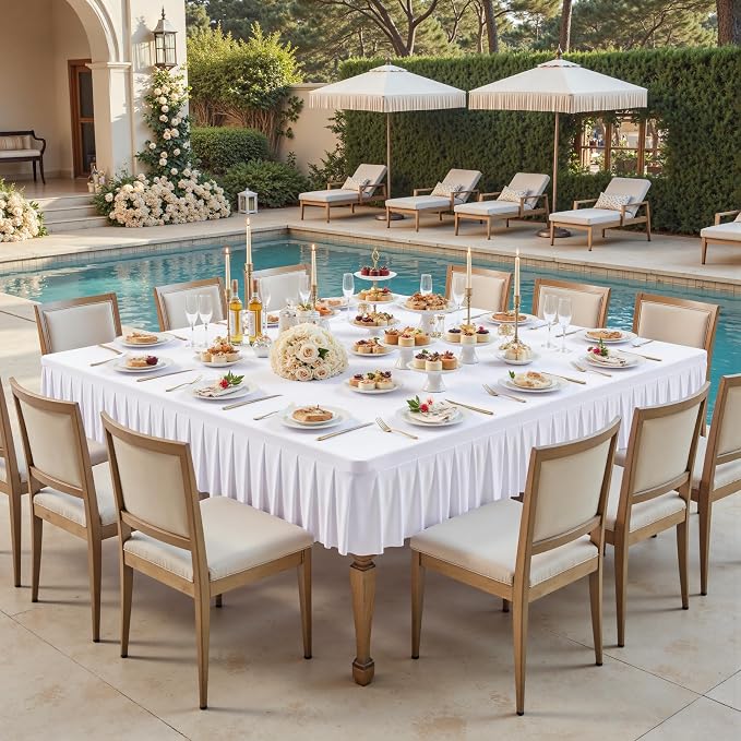 Wish Care 2 Pack White Spandex Tablecloths for 54x54 Inch Square Tables, Stretch Fitted Table Clothes with Pleated Ruffle Skirt for 54” Table, Wrinkle Free and Elastic, for Party Kitchen Home Dining