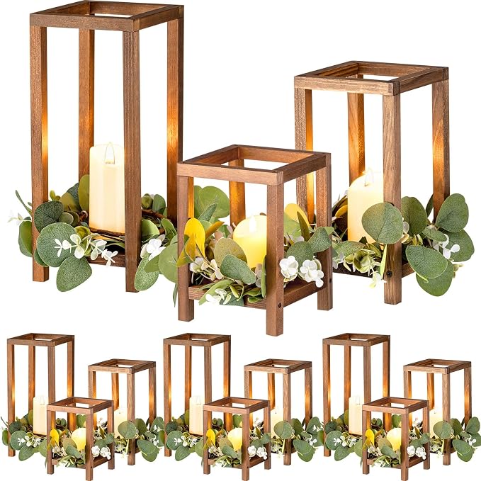 Geelin 12 Set Wooden Wedding Lantern Centerpiece Decor Baptism Lantern Candle Holder for Table Centerpiece Wedding Party Baby Shower Home Country Porch Patio Decor(7.87'', 10.59'', 12.99'',Wood Color)