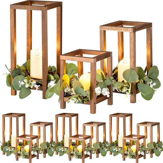 Geelin 12 Set Wooden Wedding Lantern Centerpiece Decor Baptism Lantern Candle Holder for Table Centerpiece Wedding Party Baby Shower Home Country Porch Patio Decor(7.87'', 10.59'', 12.99'',Wood Color)