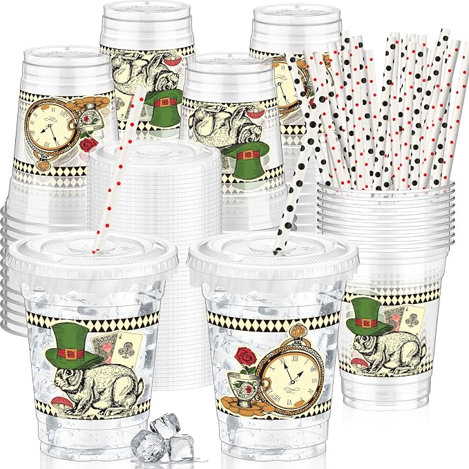 FoldTier 50 Pack Wonderland Themed Party Cups with Lids and Straws 12 oz Disposable Plastic Cups Retro Rabbit Pocket Watch Pattern Vintage Drinkware Supplies for Birthday Tea Party Baby Shower