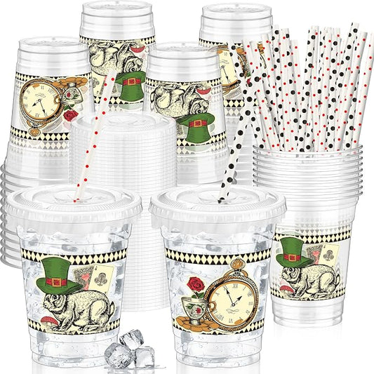 FoldTier 50 Pack Wonderland Themed Party Cups with Lids and Straws 12 oz Disposable Plastic Cups Retro Rabbit Pocket Watch Pattern Vintage Drinkware Supplies for Birthday Tea Party Baby Shower