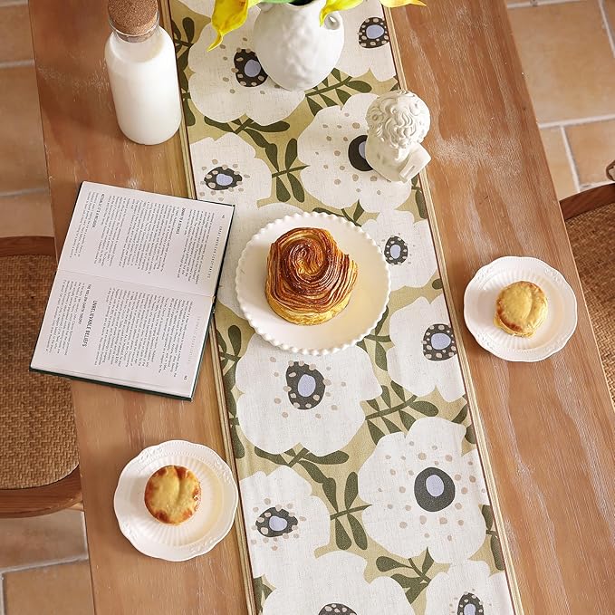 bilin gaier Rectangular White Flower Table Runner 63 Inches Long,Vintage Rustic Farmhouse Linen Floral Table Runners,Table Decoration for Coffee & Dining Table Home Party Kitchen.12 x63-Hidaka