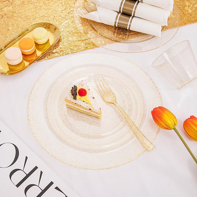 DaYammi 112Pcs Gold Glitter Plastic Plates,Gold Disposable Dinnerware - Gold Plastic Plates Includes 16 Dessert Plate,16 Dinner Plate,16 Per Rolled Napkins with Cutlery and Cups for Party Wedding