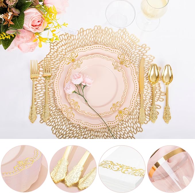 Ciaell 175 PCS Pink and Gold Plastic Plates - Fancy Gold Disposable Dinnerware Set with of 50 Plates, 25 Knives, 25 Forks, 25 Spoons, 25 Cups, 25 Napkins for Party & Weddings & Mother's Day