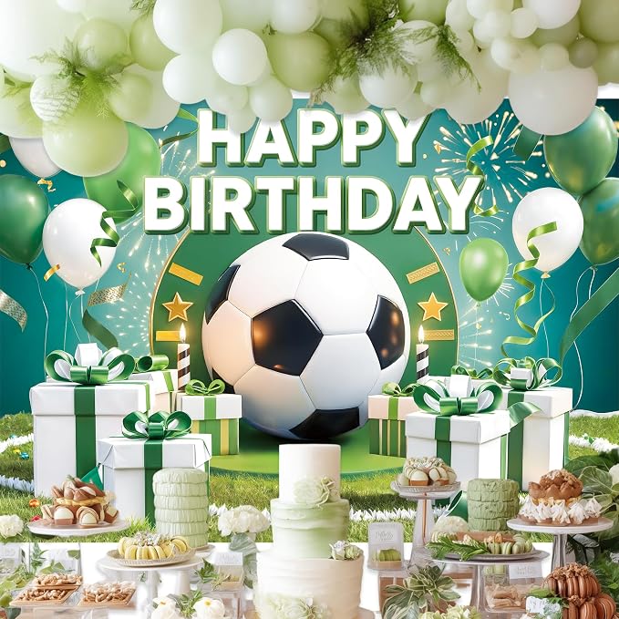 Football Birthday Backdrop 7Wx5H Feet Polyester Fabric Boys Kids Sports Theme Soccer Field Balloon Gifts Decoration Green Stadium for Adults Teens Photography Background Photo Shoot Props