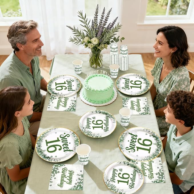 250 Pcs Sweet 16 Party Decorations Sage Green 16th Birthday Tableware Set Include Plates Napkins Cups for Kids Sixteen Years Old Birthday Supplies Serves 50