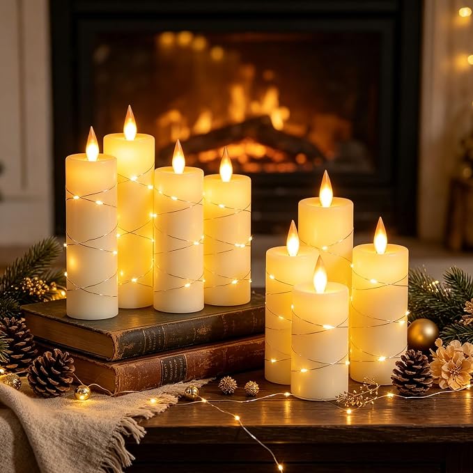 Da by 5 Pack Ivory Real Wax Flameless Taper Candles, Lifelike Flickering LED Flame Candles with Surrounding Fairy String Lights, Battery Candles with Remote for Home Wedding Holiday Decor