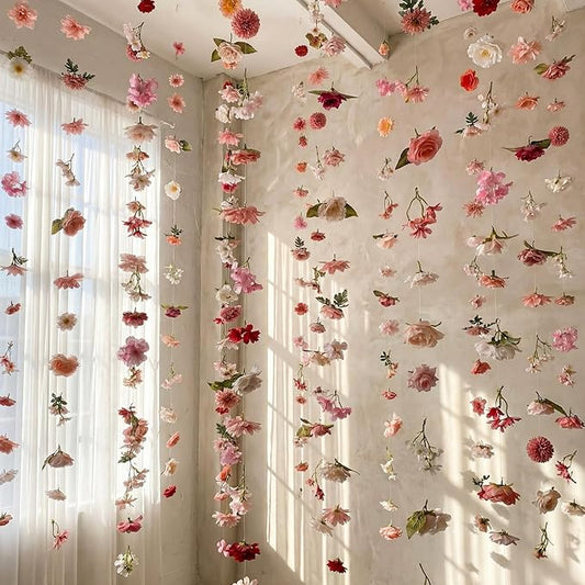 Suncalla 6 Pcs 35.46 ft Flower Garlands Backdrop Spring Artificial Wildflower Vines Floral Decorations for Party Fake Flower Vines Faux Silk Wildflower for Easter Wedding Garden Wall Arch(Pink)
