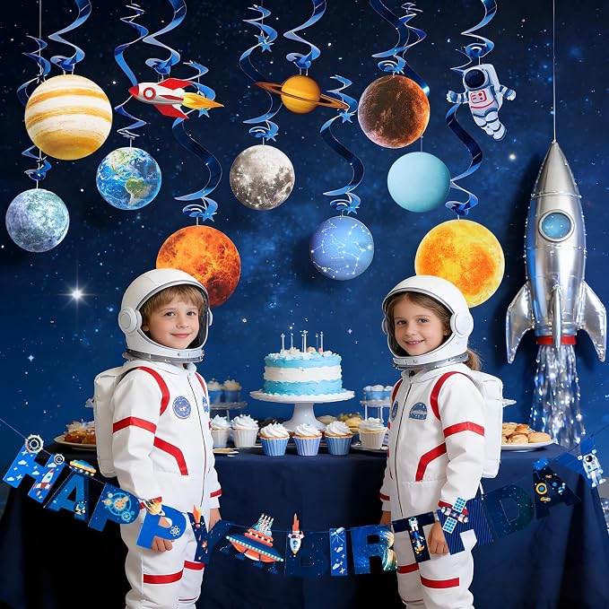 SUNBEAUTY Solar System Birthday Party Decorations Outer Space Happy Birthday Banner Planet Rocket Astronaut Hanging Swirls for Kids Baby Shower First Trip Around The Sun School Supplies