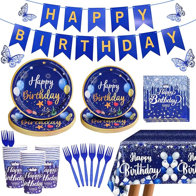 Blue Happy Birthday Party Supplies Tableware Set Birthday Decoration with Banner and Tablecloths Plates Cups Napkins Party Dinnerware for 24 Guests Men Boys