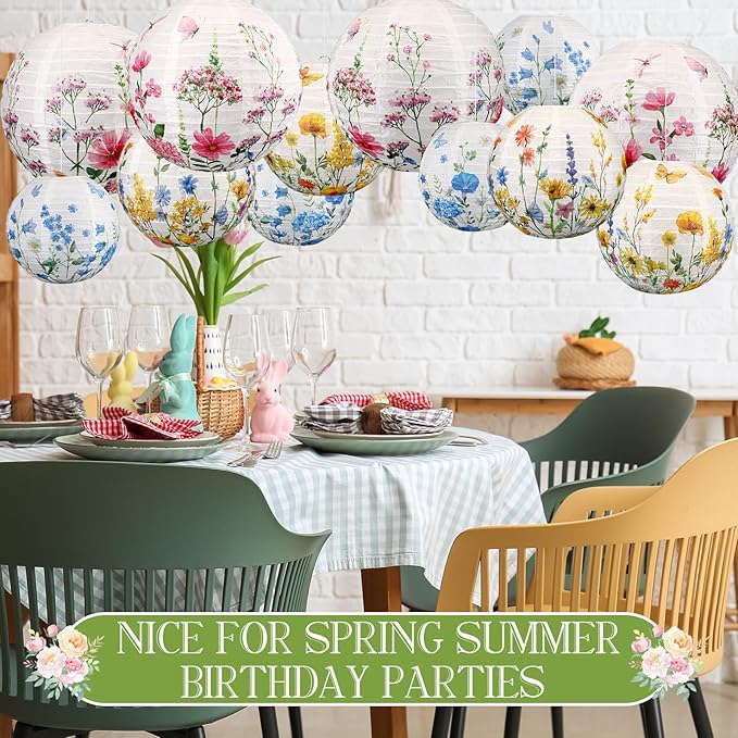 Baquler 12 Pcs Spring Wildflower Paper Lanterns Party Decorations Watercolor Floral Hanging Lantern 3 Styles for Baby in Bloom Baby Shower Wedding Garden Tea Summer Home Indoor Outdoor Party Decor