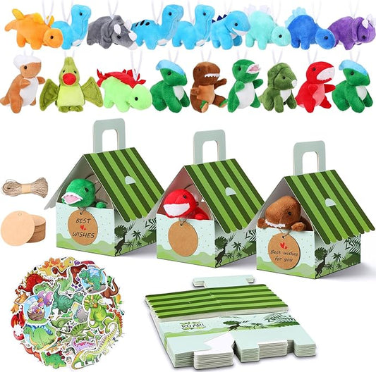 Spakon 72 Pcs Adopt a Dinosaur Party Favors for Boys and Girls Includes 12 Sets Mini Dinosaur Stuffed Animals Plush Keychains Gift Box House Stickers for Birthday Party Favor