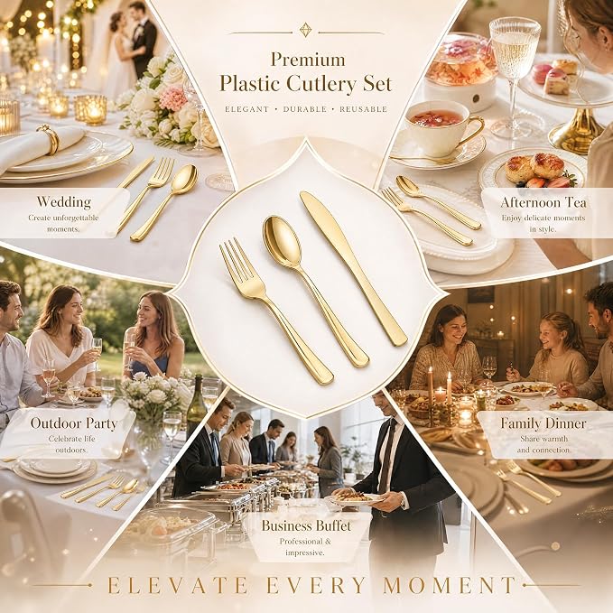 WDF 180 Count Gold Plastic Silverware Set - Heavy Duty Disposable Cutlery (60 Forks, 60 Knives, 60 Spoons) - BPA-Free Gold Flatware for Wedding, Party, Baby Shower, Thanksgiving