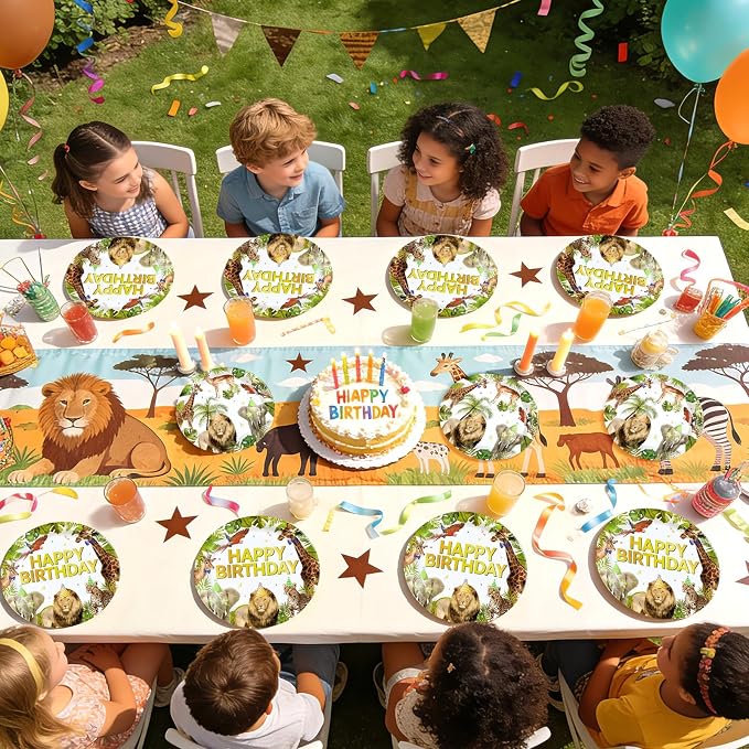 96Pcs African Safari Birthday Decorations Jungle Theme Plates Forks and Napkins Wild Animals Disposable Paper Plates for Jungle Zoo Lion Birthday Party Supplies Serves 24