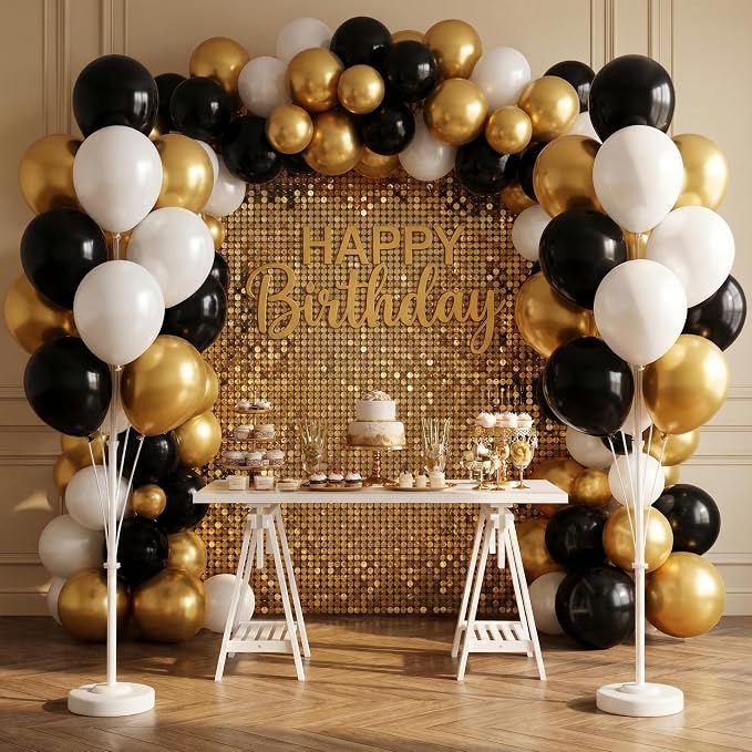 Balloon Column Kit Set of 2 With Balloons Included - Balloon Tower with Stand, Base, and Pole,Backdrop Decoration for Wedding, Baby Shower, Birthday Party, or Bachelorette Parties (Black Gold White)