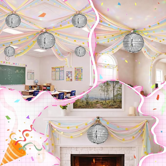 Spakon 14 Pcs Pastel Birthday Party Decoration Kit 492ft Colorful Crepe Paper Streamers Garland 5 Silver Disco Ball Balloons 26.24ft Gold Star Garland Backdrop 1 Tape for Classroom Fancy Party Decor