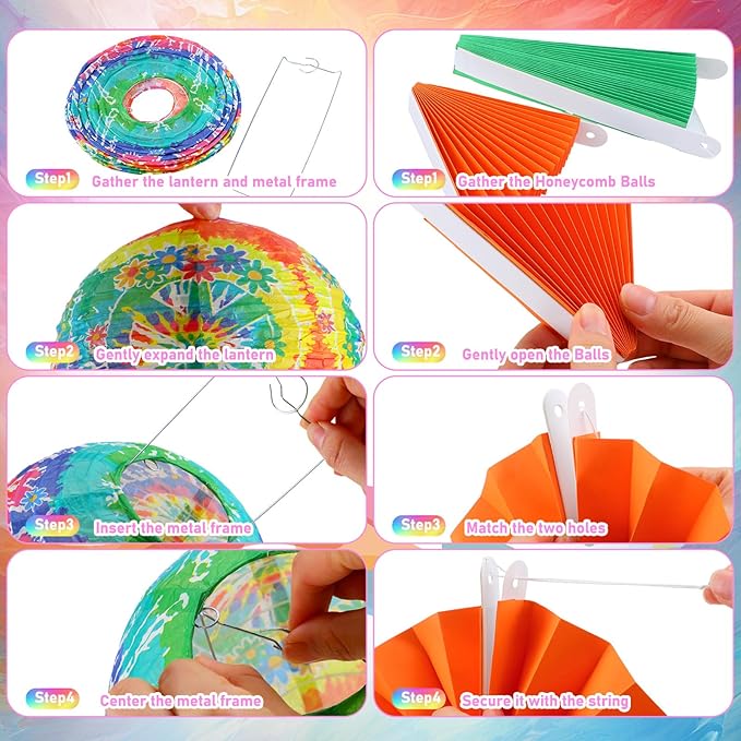 Retisee 18 Pcs 70s Hippie Party Decorations Hanging Paper Lanterns Tie Dye Groovy Honeycomb Tissue Groovy Retro Flower Peace Sign Paper Fans for 60s 70s Birthday Party Decoration (Hippietie, Tie Dye)