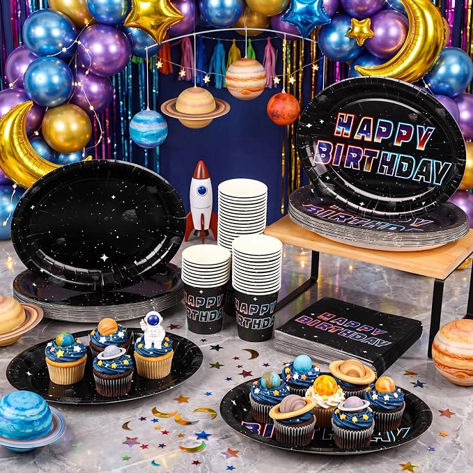 Vesici 150 Pcs Galaxy Birthday Oval Paper Plates and Napkins Set, 10'' x 12'' Large Space Tableware Galaxy Disposable Paper Plate Napkin Cup Set Space Party Supplies for Birthday Party Supplies Decor
