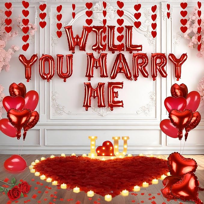 3249pcs Proposal Decoration Anniversary Valentines Day Decoration Romantic Special Night Decor Bedroom Decor Rose Petal LED Hearts "WILL YOU MARRY ME" Balloon Heart Candle Artificial Rose Heart String