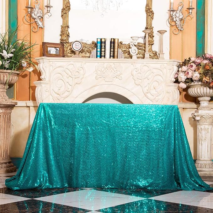 Juya Delight 60" x 102" Teal Sequin Rectangle Tablecloth for Wedding Birthday Party Festival Ceremony Cake Dessert Table