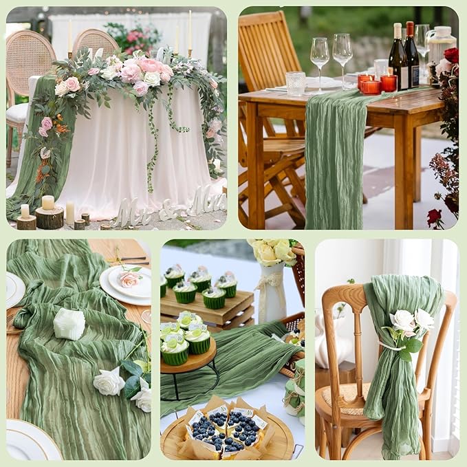 Table Runner Cheesecloth 10FT Sage Green Boho Gauze Cheese Cloth Rustic Sheer Table Runners for Wedding Bridal Baby Shower Party Decoration