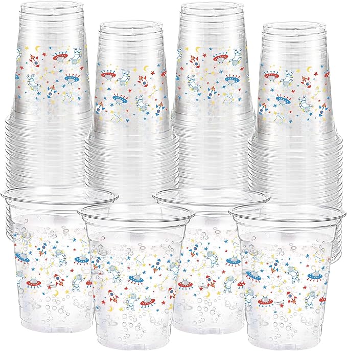Funnymoom 60 Pack Space Plastic Cups 12 oz Outer Space Galaxy Planet Disposable Clear Plastic Drinking Cups for Planet Solar System Birthday Baby Shower Party Decoration Supplies