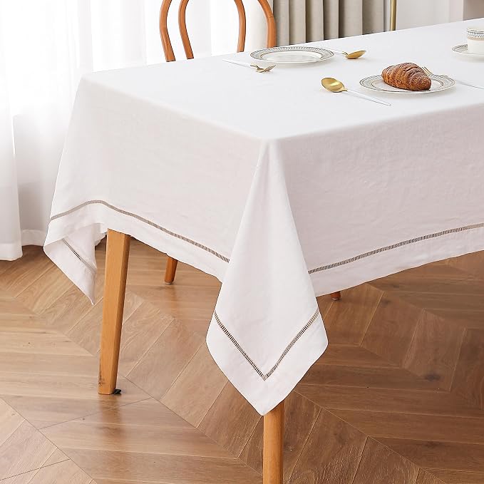 Linen World Hemstitch Linen Tablecloth,100% Natural French Flax,60x120Inch Handcrafted White-Natural Linen Table Cloth,Tabletop,Table Cloths for Kitchen,Dining,Daily Use(White-Natural)