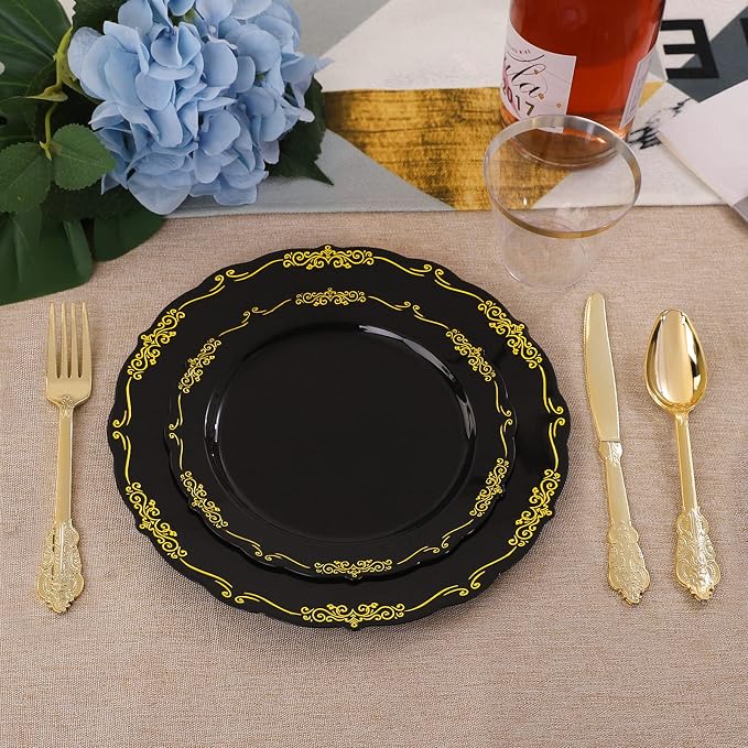 U-QE 175PCS Black Plastic Plates&Pre Rolled Napkins with Gold Cutlery, Black and Gold Plastic Dinnerware Set for 25Dinner Plates, 25Dessert Plates, 25Cups, 25Gold Silverware Sets, 25Napkins for Party