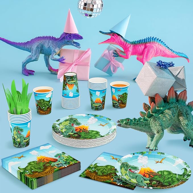 DYLIVeS Dinosaur Party Supplies, Dinosaur Themed Birthday Party Decorations Trex Dinosaur Party Favors Disposable Tableware Set for Kids Boys, Dinosaur Plates and Napkins, Cups, Cutlery, Serves 24