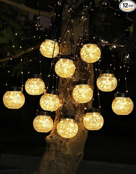 PARTPHONER Solar Lights Outdoor Waterproof 12-Pack, Solar Powered Hanging Lantern Cracked Glass Hanging Globes for Yard Decor Christmas Decoration, Shepherd Hook, Garden Tree Ornaments, Warm White