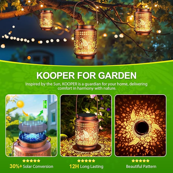 KOOPER Solar Lanterns Outdoor Waterproof Birthday Gifts for Women Mon Grandma, 2 Pack Brighter Hummingbird Hanging Solar Lantern Lights Outdoor, 2 Modes Metal Outdoor Decoration for Yard, Patio