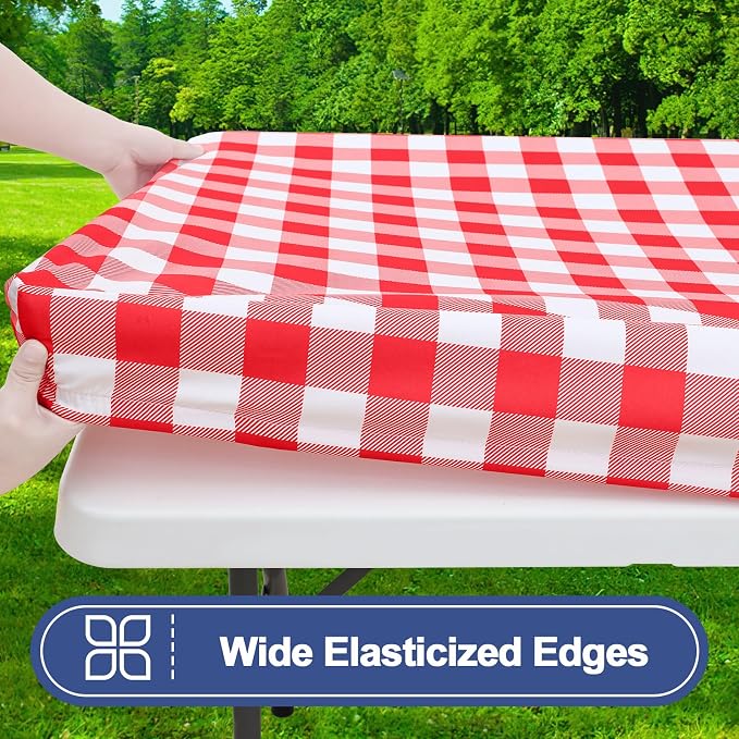 Smiry Picnic Table Cloth 4 Pack, Waterproof Elastic Fitted Tablecloths for 24x48 Rectangle Tables, Washable Polyester Buffalo Plaid Tablecloth for Camping, Dining & Outdoor (Red & White, 24" x 48")